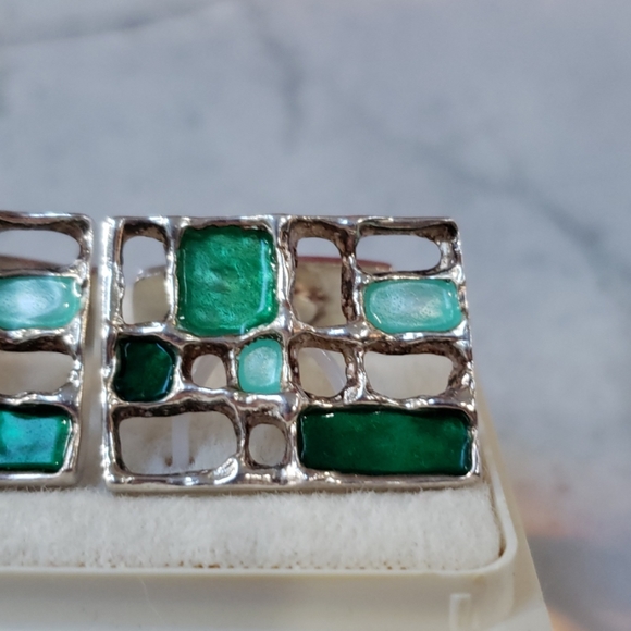 Vintage Sterling silver Green Enamel cuff links - Picture 3 of 5